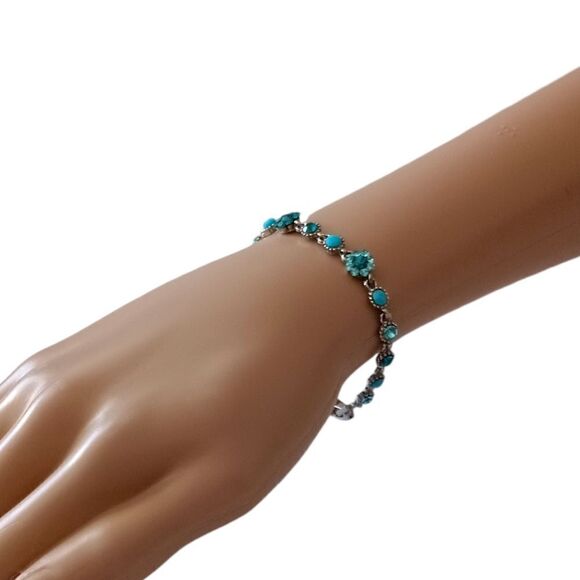 Aqua Blue Rhinestone Link Bracelet Faux Turquoise Silver Tone Coastal Beachy - Picture 12 of 16